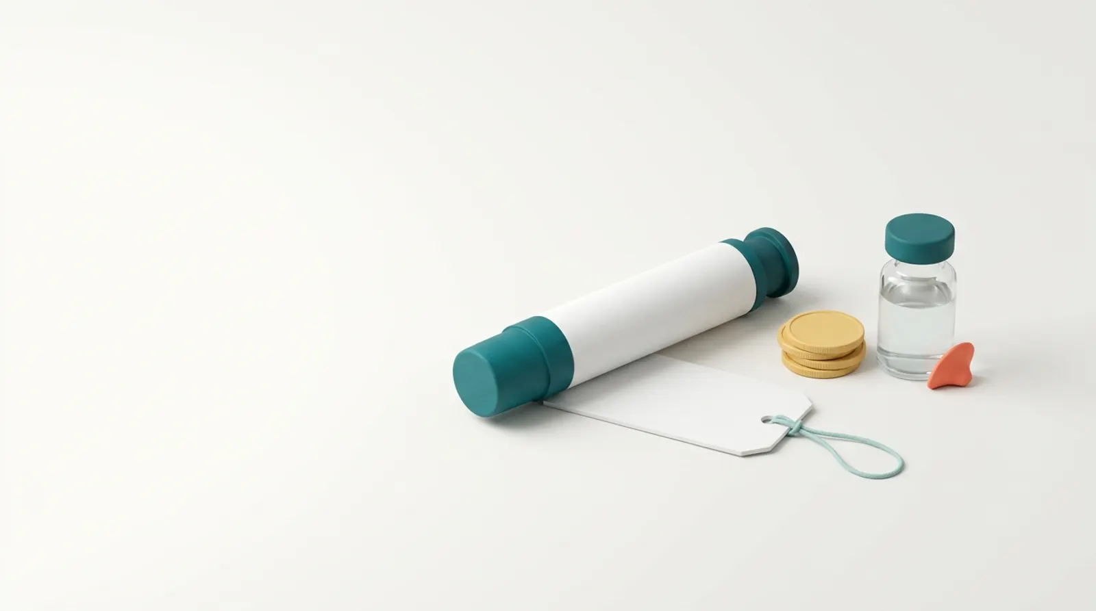 Auto-injector on a blank price tag beside coins and a vial